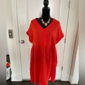 Orange linen flowy dress with pockets